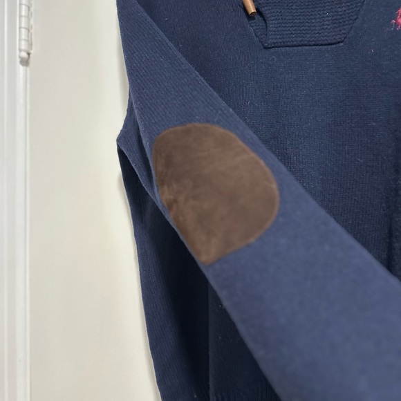 Jack Wills Men’s Wool XL Navy Blue Shawl Collar Pullover Sweater W/ Elbow Patch. - Picture 10 of 11